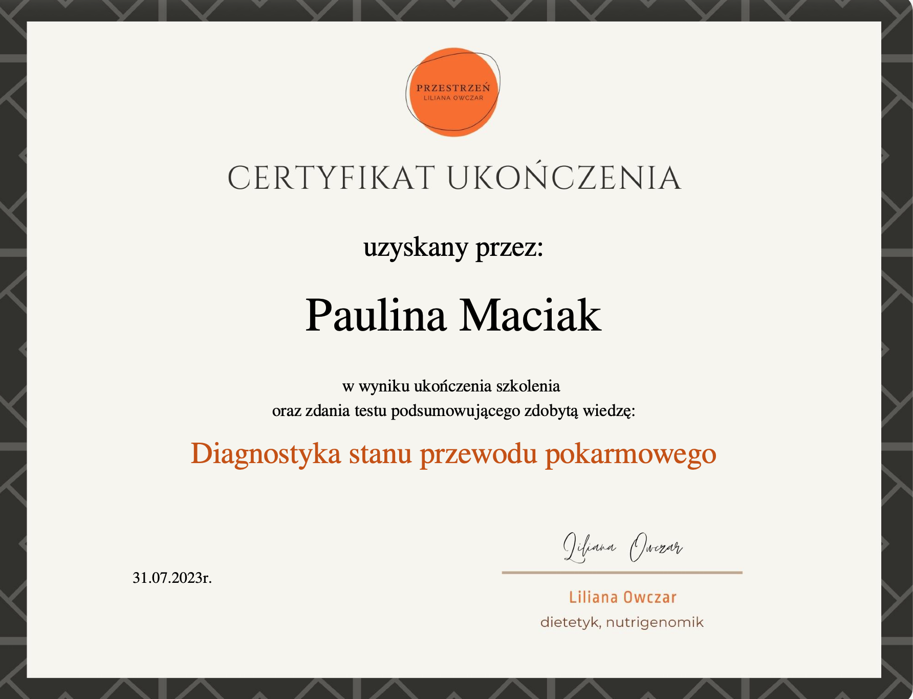 Certyfikat - Diagnostyka stanu przewodu pokarmowego